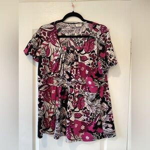 Cato Pink Black Cream Floral Short Sleeve Tunic